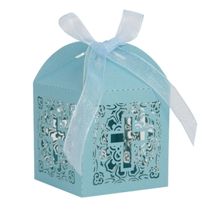 Elegant light blue laser-cut cross candy box with a matching silk ribbon for weddings