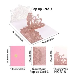 Laser cut 3D pink glitter wedding invitation card with envelope for romantic celebration