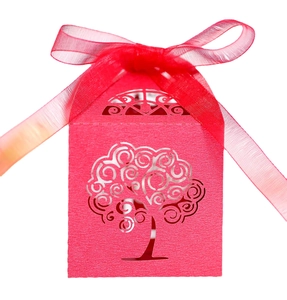 Elegant red hollowed-out tree of life candy gift box with a delicate organza ribbon bow