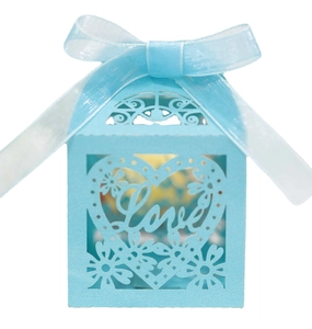 European light blue laser-cut heart LOVE hollow candy favor box with silk ribbon