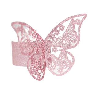 Servilletero mariposa con purpurina rosa y alas caladas para decoración de bodas