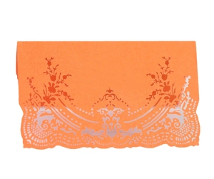 Orange red laser cut lace table place card with intricate floral hollow design for weddings
