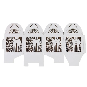 Laser cut white paper gift box with Mr & Mr silhouettes for wedding candy packaging