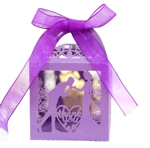 Elegant purple laser cut wedding candy box with heart thank you design and ribbon