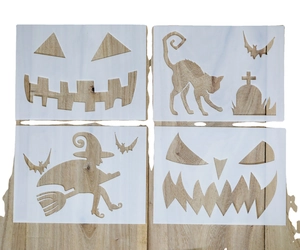 Halloween DIY PET painting stencils featuring pumpkin, witch, and bat designs