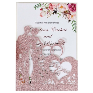 Pink glitter laser cut wedding invitation with Mr & Mrs silhouette and heart design