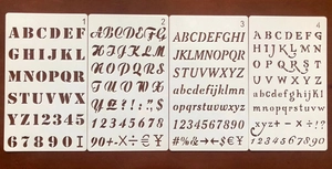 Detailed set of 4 translucent PET stencils with English letters, numbers and symbols