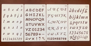 Detail of four transparent PET stencils featuring various alphabet and number laser-cut fonts