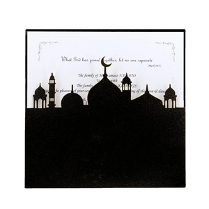 Laser cut black Muslim style invitation card with mosque silhouette and white inner sheet