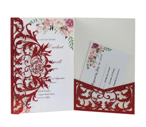 Laser cut red glitter wedding invitation set with floral inner card and RSVP card