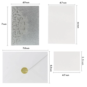 Laser cut rose pattern silver glitter invitation suite with envelope and inner sheets