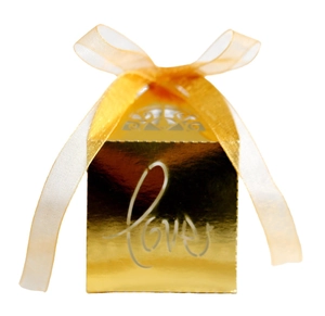 Elegant hollow pink LOVE candy gift box with golden finish and sheer ribbon bow decor