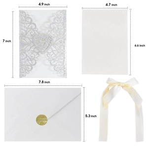 Silver glitter laser-cut heart invitation set with envelope and ribbon for weddings
