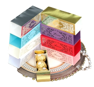 Laser cut hollow Love wedding candy gift boxes in various metallic colors with floral design