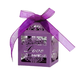 Laser cut purple LOVE candy box with ribbon for wedding party favors and gift packaging