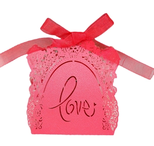 Laser cut rose candy box with LOVE hollow design and pink ribbon for wedding favors