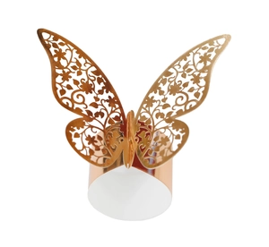 Elegant rose gold butterfly napkin ring with laser-cut floral patterns for wedding decor