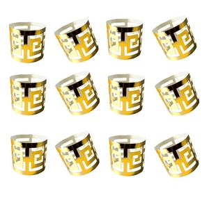 Set of 12 gold geometric hollow napkin rings with elegant Greek fret pattern design