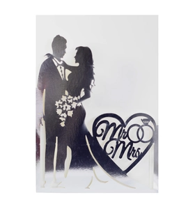 Black acrylic Mr & Mrs wedding cake topper with bride groom silhouette and ring details