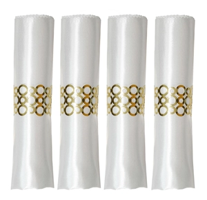 Set of four white satin napkins with modern decorative hollow gold metal napkin rings