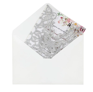 Elegant laser cut silver glitter butterfly wedding invitation set with floral inner card