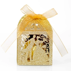 Glitter Laser Cut Wedding Favor Box Hollow Bride Groom Silhouette Candy Gift Box With Ribbon For Engagement Party Decor