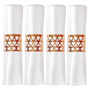 Set of 4 rose gold heart cutout napkin rings with elegant white satin napkins