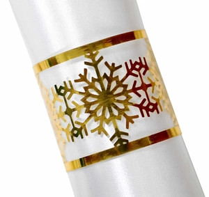 Golden hollow snowflake napkin ring with white silk cloth for Christmas table decoration