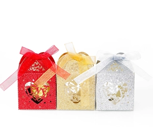 Laser cut heart LOVE gift boxes in glitter red, gold and silver with ribbon bows