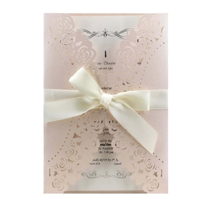 Laser Cut Rose Wedding Invitations Cards With Satin Ribbon Bow Artificial Pearl Paper Floral Hollow Invitations For Engagement Party