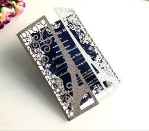 Laser Cut Eiffel Tower Wedding Invitations Elegant European Glitter Pearlescent Paper Hollow Out Cards For Marriage Celebration Banquet Party