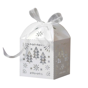 Boîte cadeau blanche découpée au laser avec flocons de neige et ruban en soie