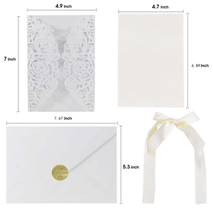Laser-cut rose wedding invitation set with ribbon and envelope in white finish