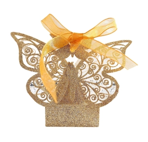 Golden glitter butterfly hollow gift box with elegant orange ribbon for wedding favors