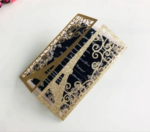 Elegant laser cut wedding invitation with gold glitter cover and dark insert card