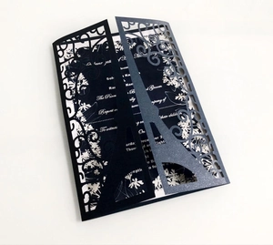 Laser cut Eiffel Tower wedding invitation set with dark blue pearl paper and lace pattern