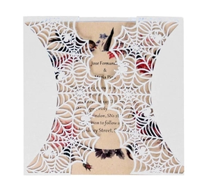 Laser cut white spider web invitation cover with elegant bird and floral insert card