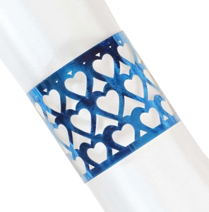 Navy blue laser-cut heart pattern paper napkin ring with a reflective pearlescent finish