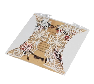 Laser-cut white spider web invitation card with elegant vintage floral insert for Halloween