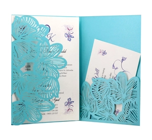Laser cut lace hollow wedding invitation in sky blue with floral pattern and white inserts