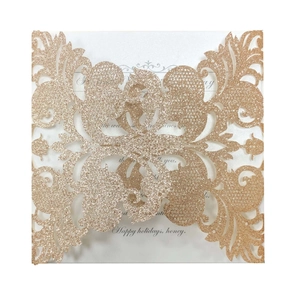 Elegant gold glitter laser cut square wedding invitation with floral damask pattern