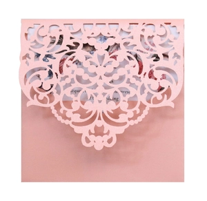 Pink laser-cut lace wedding invitation envelope with floral printed inner card