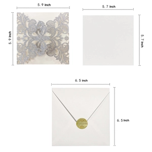 Elegant laser cut glitter wedding invitation set with square insert and white envelope