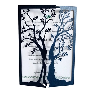 Laser-cut Tree of Life wedding invitation card with elegant gold and black hollow design