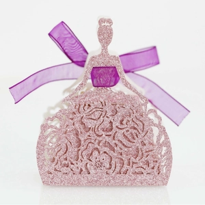 Pink glitter princess dress wedding favor box with laser-cut lace and purple ribbon