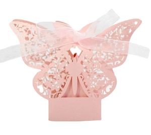 Elegant pink laser-cut wedding favor box with butterfly design and white ribbon bow