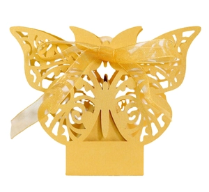 Elegant gold butterfly laser-cut wedding favor box with satin ribbon and scroll patterns