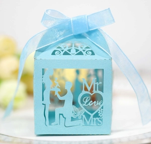Creative light blue laser cut wedding favor box with romantic proposal silhouette and bow