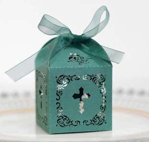 Boîte à bonbons croix découpée au laser bleu sarcelle avec ruban pour mariage