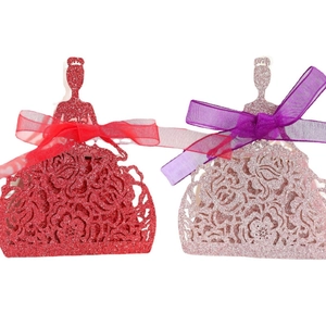 Lace hollow princess dress candy boxes with glitter paper and silk ribbons